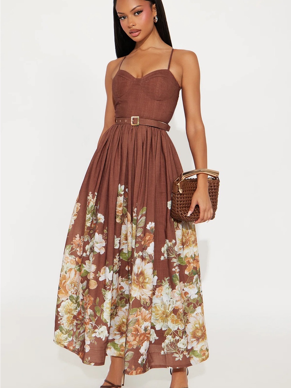 Fashion Nova Brown Floral Linen Maxi Dress with Belted Waist